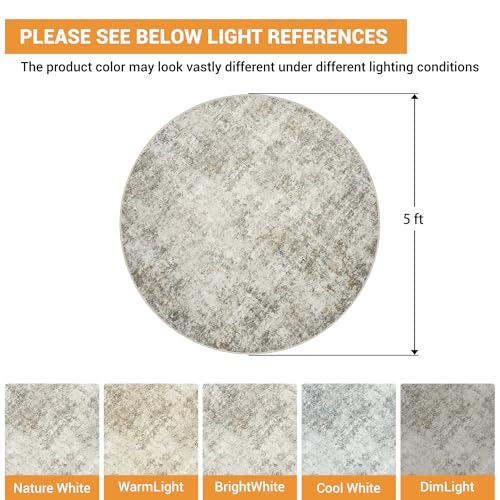 Round Rug 5ft Circle Rug Washable: Carpet Small Circular Area Rug for Entryway Kitchen Bedroom Dining Room Living Room 5 Feet Abstract College Dorm Non Slip Low Pile Beige Brown