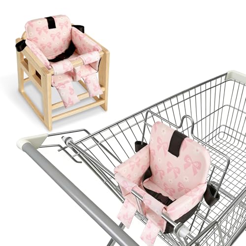 Portable Baby Shopping Cart Seat High Chair Cover for Outdoor One-Hand Installation Cart Seat Cover Comfortable and Supportive Foam-Padded Grocery Cart Baby Seat Pink Bow