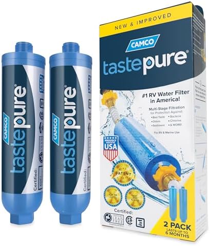 Camco Tastepure RV Water Filter - Advanced 6-Step Patent-Protected Filtration - Camping Essentials for Fresh Drinking Water - 2-Pack of RV Inline Water Filters, Made in USA (40045)
