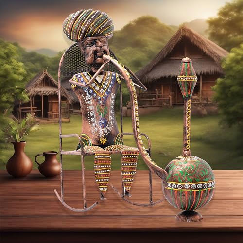 Image of Kraftskala Ethinc Villager on Chair 16 inch Large Metal Decor Showpiece for Living Room Showcase, Tabletop Decor, Traditional Rajasthani Decorative Showpiece
