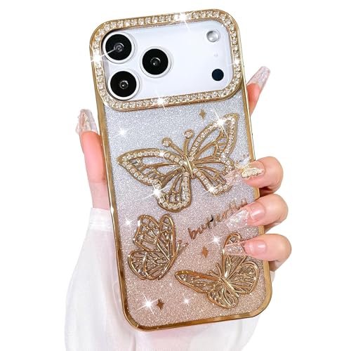Image of VONZEE Electroplated Butterfly Phone Cover for iPhone 17 Pro Case, Showcasing Pearlescent Diamond Soft TPU, Camera Protection, Shockproof, Dropresistant Stylish for Girls & Women (Gold)