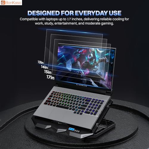Image of Bonkaso Laptop Cooling Pad for Up to 17 Inch Laptops, 4 RGB Fans, 1900 RPM, Smart LCD Display, 2 /4 Fan Modes, 8-Level Height Adjustment, Dual USB Ports, Iron Mesh, 21 dBA, Black