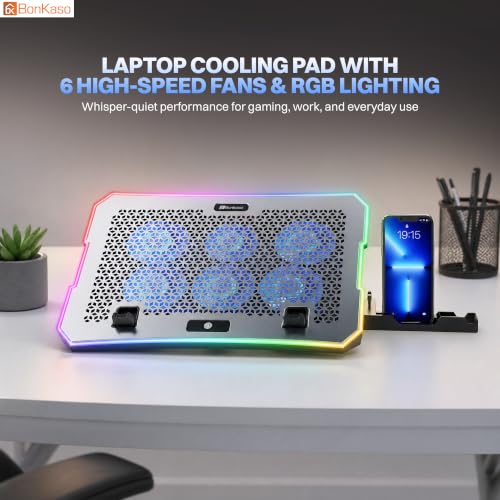 Image of Bonkaso Laptop Cooling Pad with 6 High-Speed Fans, Up to 2400 RPM, 10 RGB Modes, Fan Speed Dial, 4-Level Adjustable Stand, Dual USB Extender, Phone Holder, Iron Mesh, Anti-Slip Stoppers