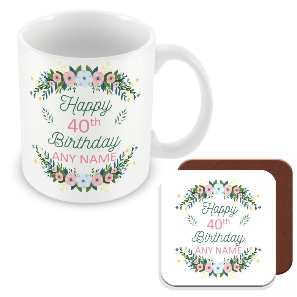 MUGGZ Personalised - Birthday Gift for Women - Birthday Flowers Design Mug & Coaster - Add Name and Age - Giftset - Made in The UK
