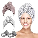 LUUCOZ Organic Bamboo Fiber Hair Towel Wrap, Quick Drying Hair Turban Wrap with Button, Ultra-Soft Drying Hair Towels, Quick Magic Dryer Caps, Dryer Hair Hat （Dark Pink-Stripe)