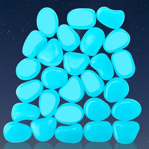 Image of Landical 1.8 Inch 100 Pcs Large Glow in The Dark Rocks Garden Stones Night Guide Pebbles Outdoor Fish Tank Rocks Aquarium Gravel Luminous Stones for Walkway Yard Succulent Plant Decor (Light Blue)