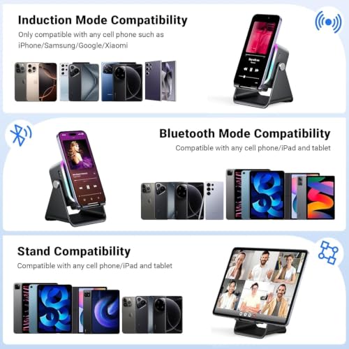Image of Wireless Induction Speaker with Phone Stand, Rechargeable Bluetooth Audio Amplifier with RGB Colorful Light, Foldable Desktop Mobile Holder for iPhone, Samsung, Android, Home, Office & Gifts