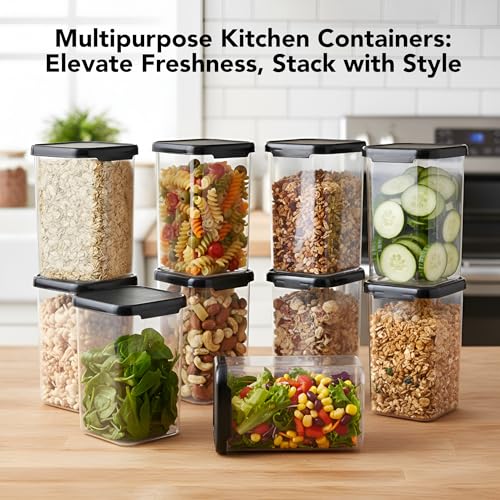 Image of Plastic Airtight Containers Set For Kitchen Storage And Containers Box For Pantry Organization And Container (1100ml, Black And Transparent) Set of 10
