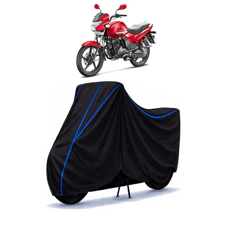 Image of Hero Achiever Drum Bike Cover Water Resistant Universal Motorcycle Rain | Heavy Duty UV Protection, Dust, Scratch Indoor Outdoor All Weather with Black Blue Piping Elastic
