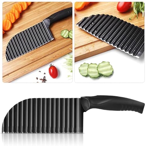 Image of PANCA Black Crinkle Knife for Vegetables & Fruits | Wavy Cutter for Potatoes, Salad, French Fries & Chips | Non-Stick Stainless Steel Blade with Ergonomic Handle