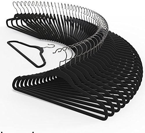 TECHZOO 50 Pack New Premium Quality Velvet Hangers Ultra Thin Non Slip Adult Felt Space Saving Hangers for Closet Heavy Duty Coat Pants Jackets Dress Hangers 360° Swivel Hook Hold Upto 10 lbs Black