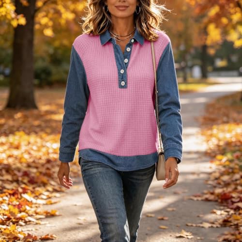 Waffle Shirts for Women Denim Patchwork Collared Button Lightweight Tops - image 2