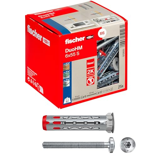 Fischer DuoHM Ø 12 mm con Vite TORX 6 x 55 mm, 25 Tasselli per Cartongesso in Metallo e Nylon senza Necessità di Pinza, 572925
