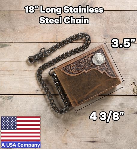 Image of F&L CLASSIC RFID Blocking Mens bi-fold Style Cowhide Leather Steel Chain Wallet, brown western style,texas 82