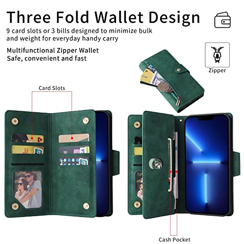 ESONG Wallet Case for Google Pixel 8 Pro,Premium PU Leather Zipper Pocket Magnetic Flip Stand Case Cover with Wrist Strap/Card Slots/Coin Pouch/Kickstand,Full Body Protection Phone Case -green - Image 2
