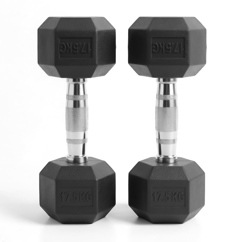 Hex Dumbbells Pair (2.5kg–30kg) | Rubber-Encased Cast Iron Hand Weights Anti-Roll Hex Design Strength Training & Home Gym Fitness Equipment for Men & Women (Black, 17.5KG Pair) — image 1