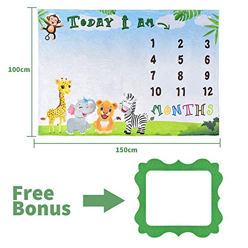 WERNNSAI Jungle Safari Milestone Deken - 150 × 100 cm Fleece Kwekerij Bed Deken Gedrukt Giraffe Aap Olifant Pasgeboren Baby Deken Fotografie Achtergrond Props - Afbeelding 4