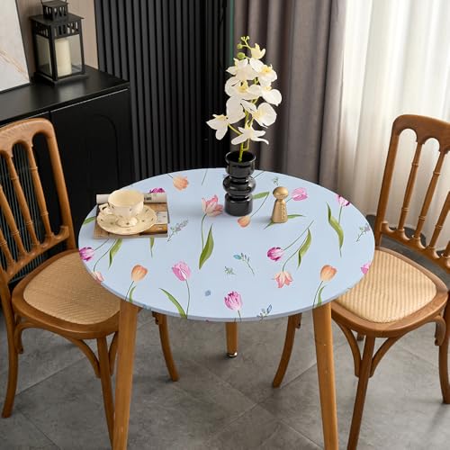 Outdoor Round Small Fitted Tablecloth with Elastic 36 Inch Light Blue Floral Fitted Tablecloth Spandex Stretchy Fabric Coffee Table Cover for Party Wrinkle Free Non Slip Elegant Tulip