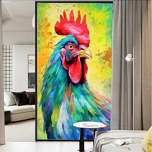Beautiful Rooster Stained Glass Window Film Modern Chicken Pictures Art Privacy Window Film Non-Adhesive Glass Film Decorative Static Cling Film for Home Office 27.6Wx47.2L