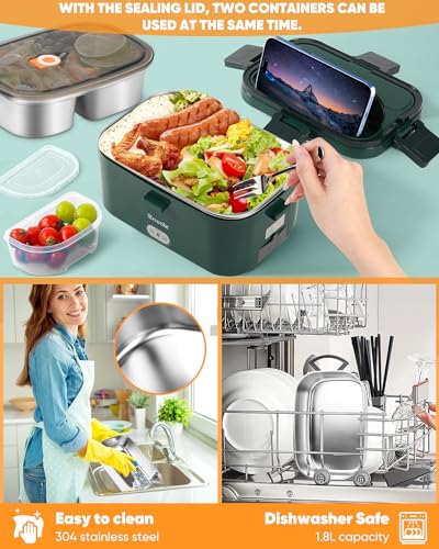 Image of Electric Lunch Box Food Heater 100W, Food Warmer with Dual Container 1.8L Portable Heated Lunch Box for Car Truck Work Stainless Steel Fork & Spoon 12 /24 /110V for Adults Lonchera Electrica