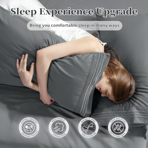 Breathable and Cooling Queen Size Sheet Set - Soft Microfiber Hotel Sheets - Deep Pockets - 4 Piece (Queen, Dark Grey)