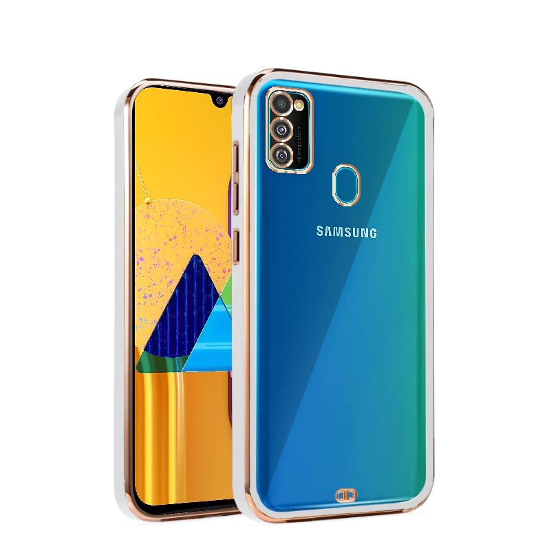 Amazon Basics Back Cover for Samsung Galaxy M30s / M21 / M21 (2021) | Gold Electroplating Transparent Chrome Bumper Case (White)