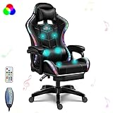 FZYUAN Gaming Chairs for Kids Adults Video Game Chair with LED Lights and Speakers Ergonomic 7-Point Massage Computer Chairs High Back Office Chair with Footrest and Lumbar Support Headrest,Black