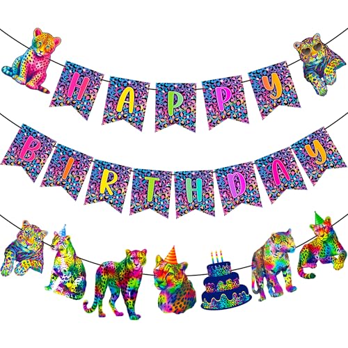 Neon Rainbow Cheetah Birthday Decorations 3PCS Leopard Print Happy Birthday Banners Leopard Print Banners Neon Cheetah Decorations for Wild Animals Theme Party Supplies