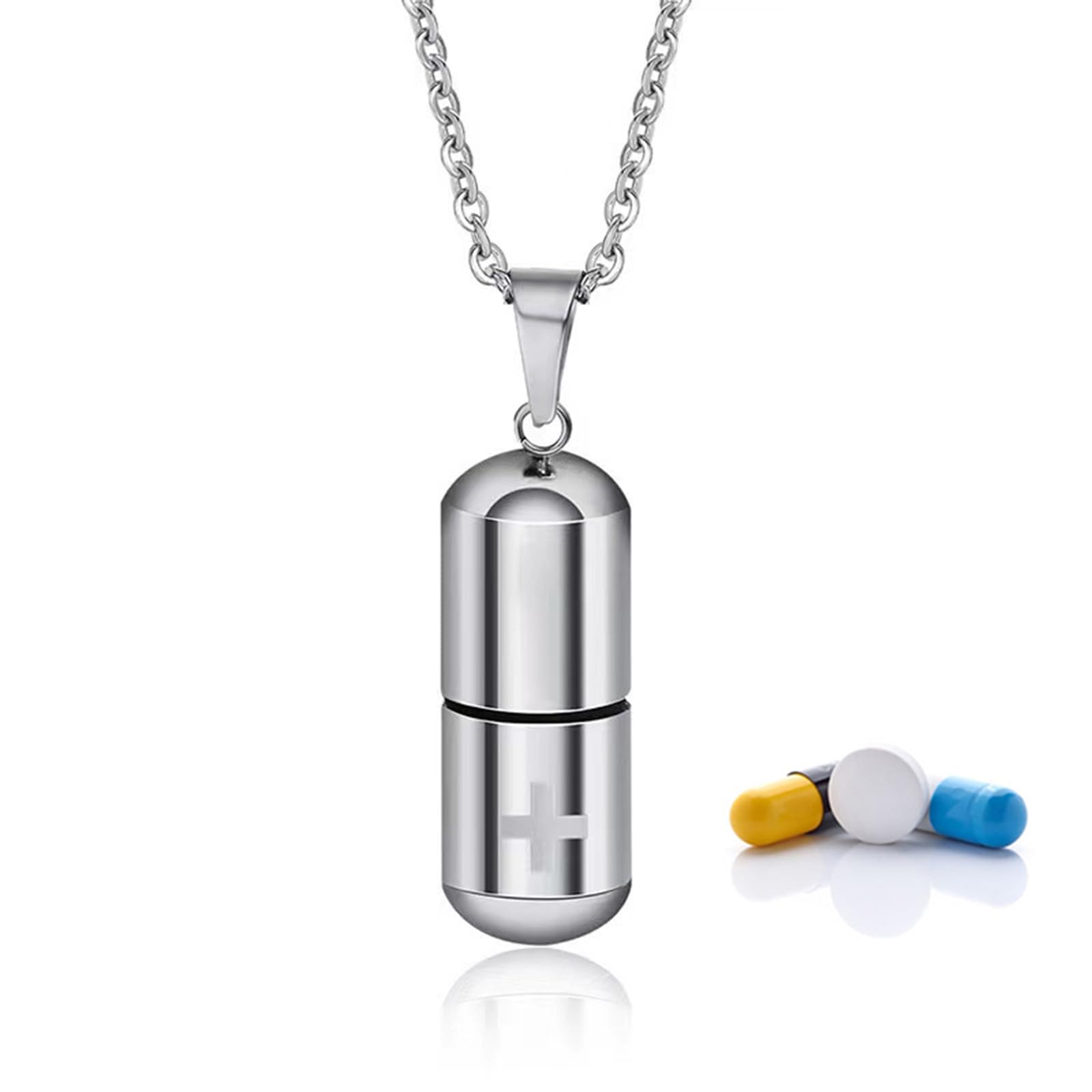 FUNRIN Mini Pill Fob Necklace, Titanium Waterproof Keychain Pill Holder Container, Portable Travel Pill Case EDC Pill Carrier Pendant, Discreet Outdoor Camping Daily Pill Box,Silver