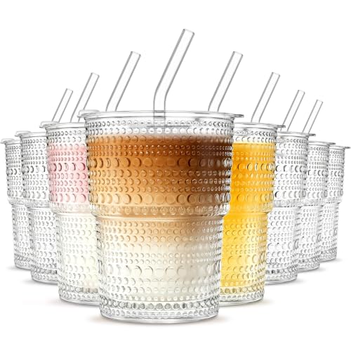 Image of INSETLAN Iced Coffee Cups with Lids and Straws, 13 oz Hobnail Glass Tumbler