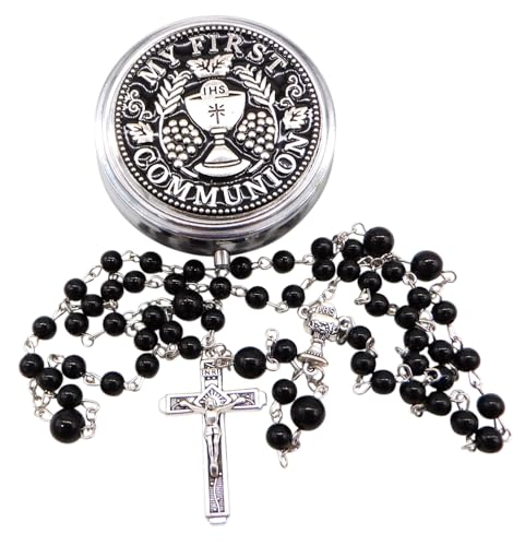 Westmon Works First Communion Black Rosary Set in a Protective Metal Case for Him
