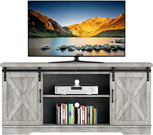 Hosslly TV Stand for 65 Inch Television, Farmhouse Sliding Barn Door TV Stand, 59 Inch Modern Entertainment Center, Home Living Room Storage Table with Movable Shelf, Brown