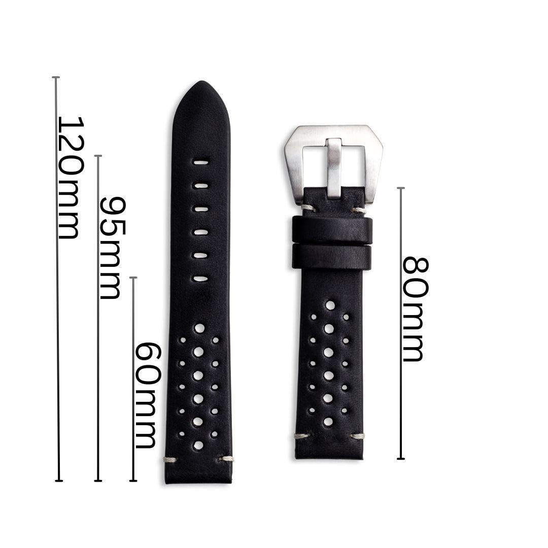Buckle & Stitch Cinturino per orologio in pelle, realizzato a mano, perforato, stile racing, nero, marrone scuro, marrone chiaro, blu navy, 20 mm, 22 mm, 24 mm, barre a molla e attrezzi inclusi,