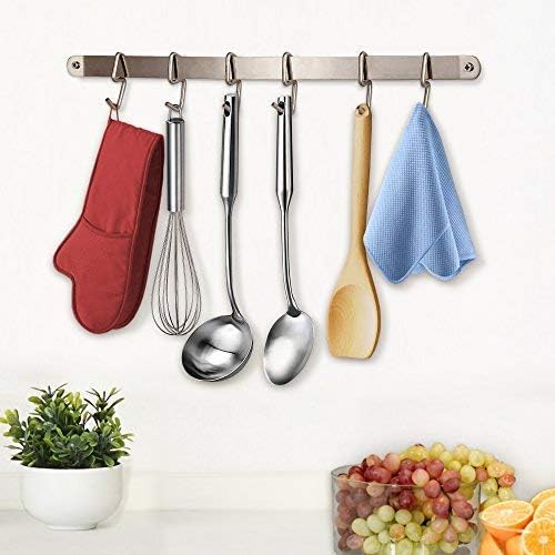 Pro Chef Kitchen Tools Utensil Holder S Hook 6 Pack Set with Hanging Rack - Organize Pots Pans Gadgets On Wall Mounted Hanger Bar Rail - Under Cabinet Shelf Coffee Mug Cup Organizer - Hold Dry Towels