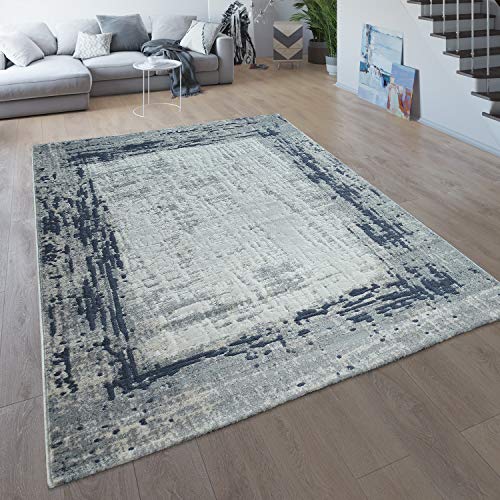 Alfombra De Salón De Pelo Corto con Ribetes Modernos Jaspeada En Gris Y Azul, tamaño:120x170 cm