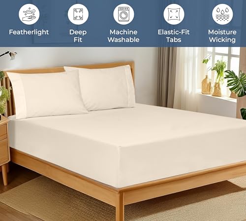 Image of Royale Linens 100% Organic Cotton Fitted Sheet - Percale Weave - Super Soft Deep Pocket Bottom Sheets - Cream Elastic Sheet King Size - King Fitted Sheets Only - (78 inchx80 inch+15 inch, Cream)