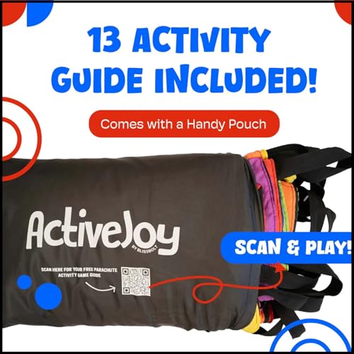 Image of Activejoy - Parachute for Kids - 8ft /12ft / 16ft / 20ft / 24 ft / 30ft - Rainbow Parachute Toy with Handles - Great for Gym Class, Field Day & Outdoor Games