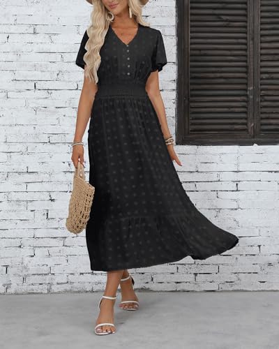 Image of Women Maxi Dresses Boho V Neck Swiss Dot Ruffle Summer Short Sleeve High Waist Tiered Flowy Smocked Cocktail Dresses