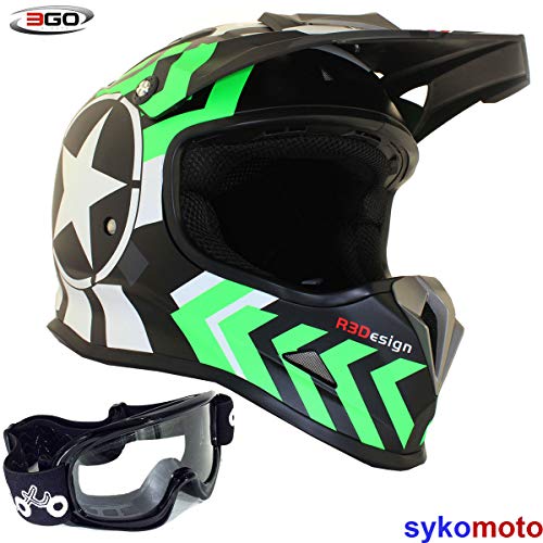 CASCO DE MOTO ESTRELLA RAYAS PARA NIÑOS 3GO X15 VERDE SUPERCROSS TRAIL DIRT PIT MINI PROTECCIÓN DE BICI CON GAFAS NEGRAS (3X-Small)