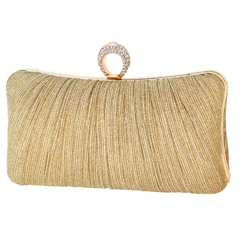 Womens Golden Glitter Clutch Purse Pleated Evening Bag for Bridal Wedding Party with Rhinestone Ring