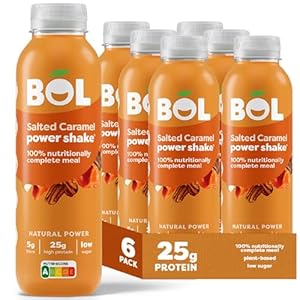 BOL Salted Caramel Power Shake — Ready-to-drink Nutritionally Complete Meal (266kcal) | 25g High Protein Shake Bottle | Low Sugar, Plant-based, Low Calorie Meal Replacement Shakes (410ml x 6 bottles)