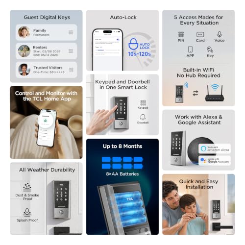 TCL Wi-Fi Smart Lock D2, Keyless Entry WiFi Door Lock with Key Fob, Built-in Doorbell, Touchscreen Keypad, App Remote Control, Easy Installation, No Bridge Required, Auto Lock (Dark Grey) - image 6