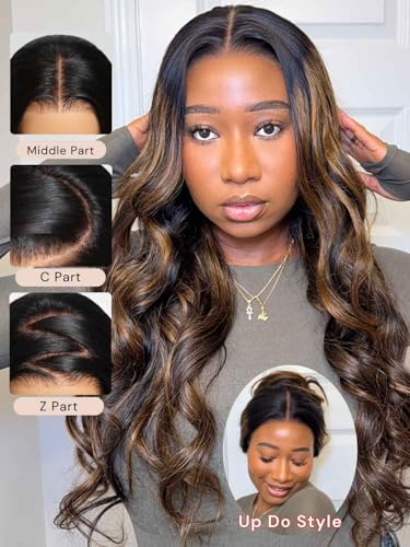 Image of Beauty Forever Bye Bye Knots No Slip Wig Balayage Brown 7x5 Lace Front Wig Human Hair Glueless Drawstring Wigs Loose Wave Face Framing Layers Curtain Bangs Pre Plucked Pre Cut 150% Density 20inch