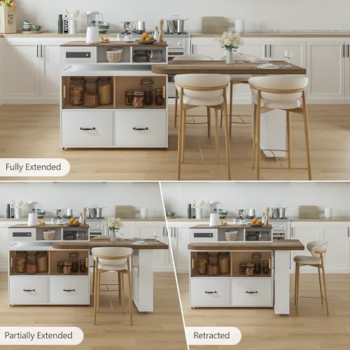 Image of Kitchen Islands with Extendable Dining Table Rolling Islands Power Outlet Mobile Storage Islands Cart on Wheels with Drawers and 2 Side Open Shelves for Dining Room, White