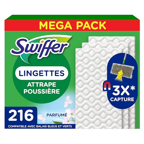 Swiffer Lingettes Pour Balai Attrape Poussière, 216 Lingettes Sèches, Parfum Febreze, Attrape Et Retient 3x Plus de Poussière qu'un Balai Classique, Pour...