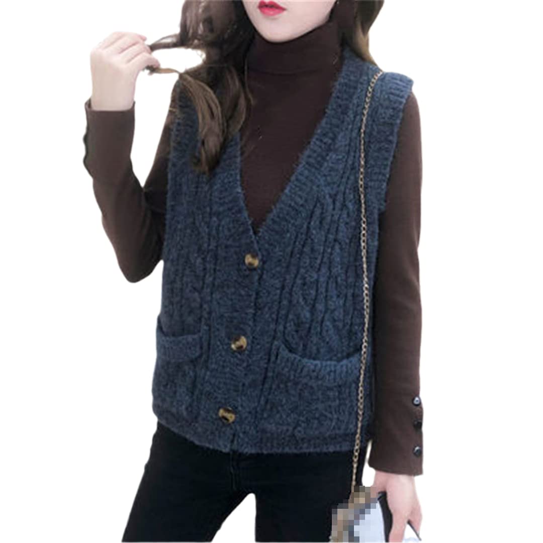 Women Vest Sweater V-Neck Cardigan Woolen Knitted Sleeveless Vest Gray