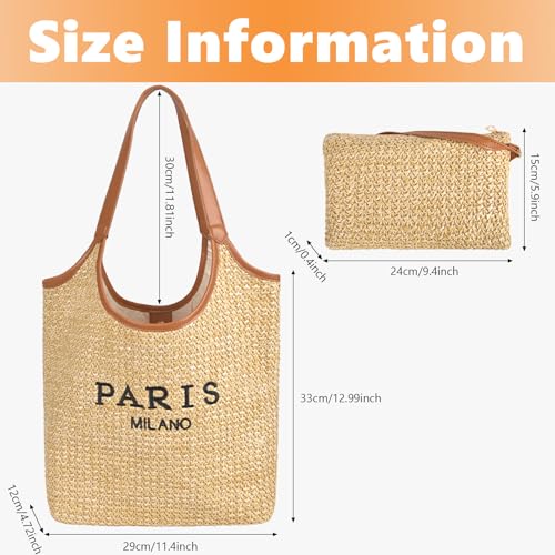 Women Straw Beach Tote Bag - Paris Milano Woven Handbag Summer Vacation Raffia Shoulder Bag with Wristlet Purse Wallet2