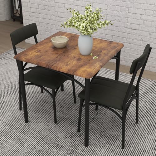 Koioplie Esszimmertisch-Set 1 Tisch 2 Stühle Küchentisch mit gepolsterten Stühlen kompaktes Esstisch-Set aus Holz und Eisengestell platzsparend pflegeleicht einfache Montage Retro Braun