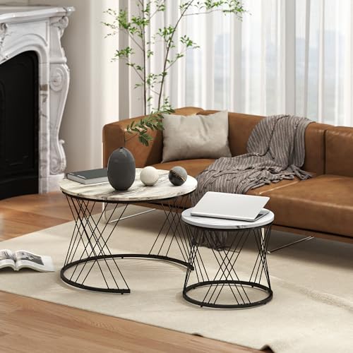 Miniatura 9 de Homcom Juego De 2 Mesas Nido Mesas De Centro Para Salón Redondas Con Tablero Con Diseño De Mármol Marco De Metal Para Sala De Estar Dormitorio Gris Y Blanco