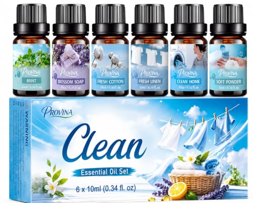 PROVINA Aceites Aromáticos Ropa Limpia Set 6 x 10 ml para Difusor | Algodón Fresco Talco Suave Lino Limpio Hogar Limpio Jabón Floral y Menta para difusor Ambientador y DIY